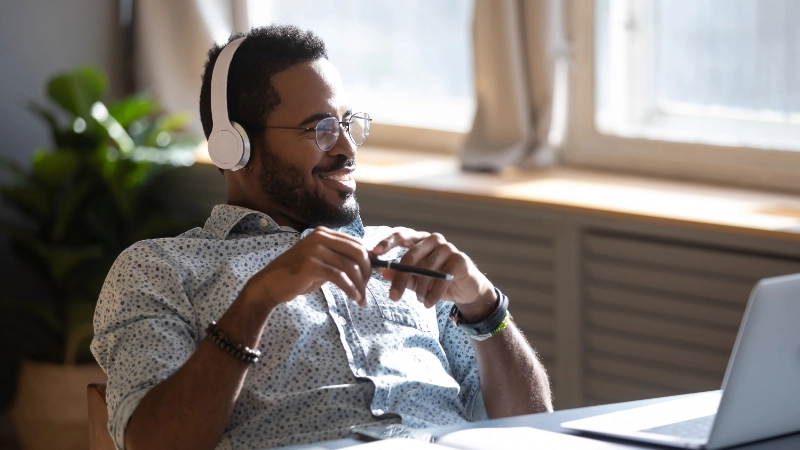 Man listens to a podcast